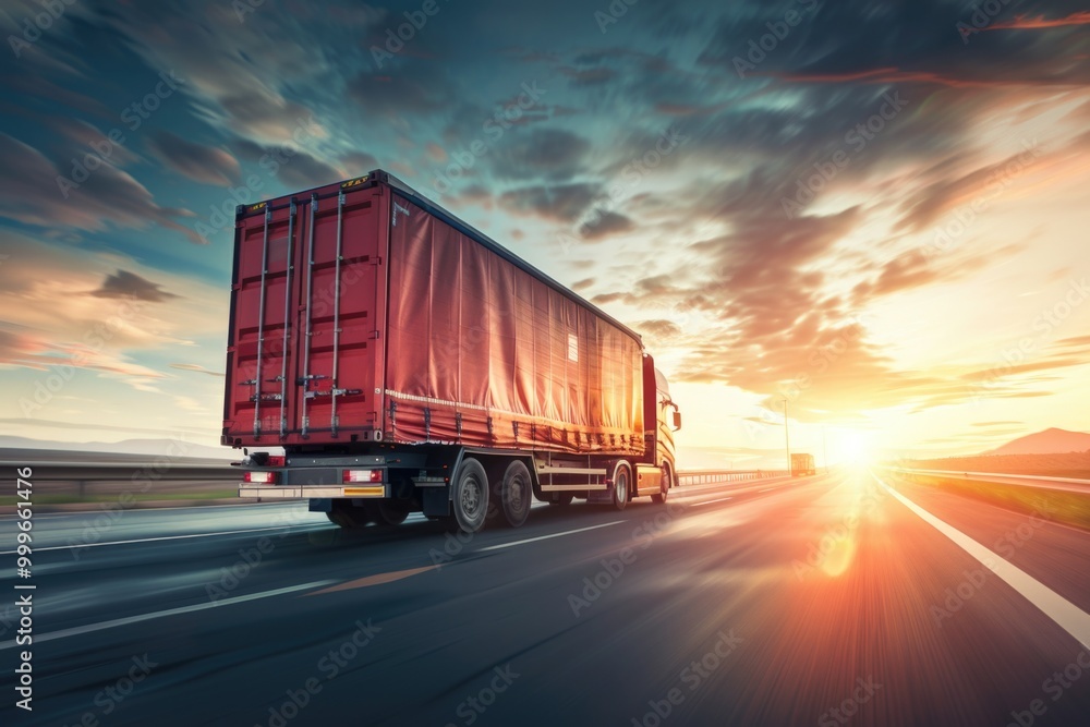 A semi-truck drives along a highway at sunset, with the sky painted orange and yellow A semi-truck drives along a highway at sunset, with the sky painted orange and yellow
