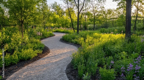 A winding path through a lush green landscape with vibrant flowers and trees.