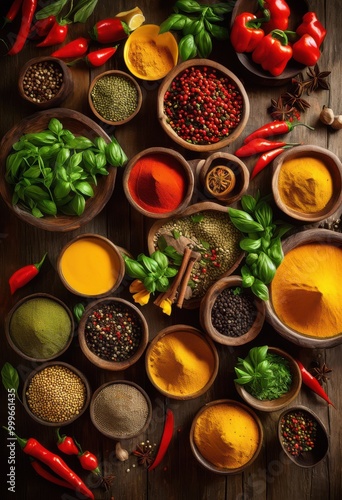 vibrant display colorful spices fresh ingredients artfully arranged rustic wooden table top, herbs, pepper, salt, garlic, onion, chili, turmeric, basil