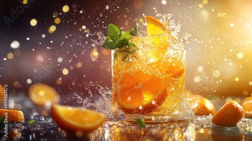 A refreshing drink with orange slices and mint, splashing in a glass.