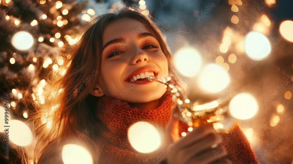 Joyful Swiss Girl Celebrating with Glowing Smile and Party Horn Joyful Swiss Girl Celebrating with Glowing Smile and Party Horn