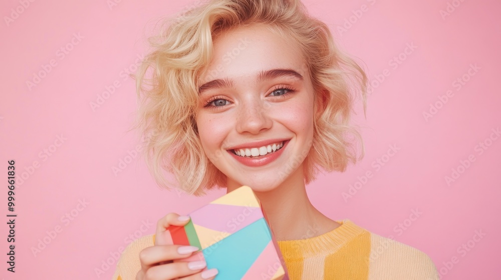 A cheerful young woman holds a colorful gift box against a pink background, smiling brightly. A cheerful young woman holds a colorful gift box against a pink background, smiling brightly.