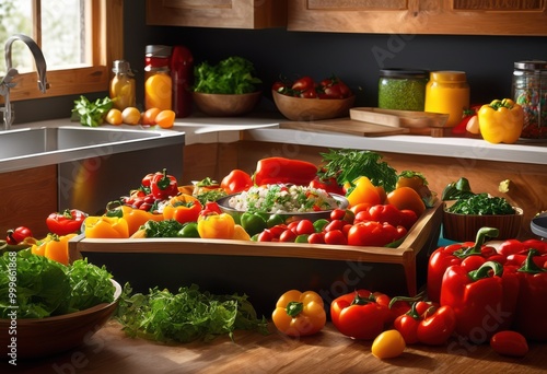 vibrant tidy meal preparation display containers filled fresh colorful ingredients healthy eating, food, arrangement, glass, clean, kitchen, vegetables