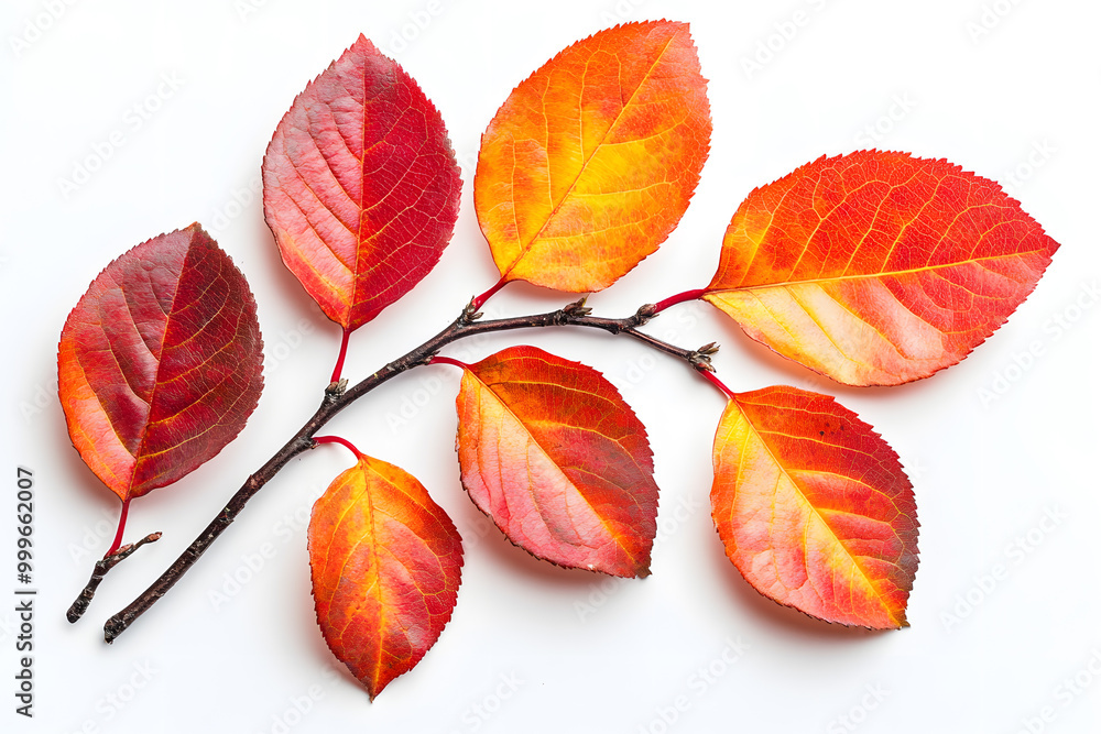 Fototapeta premium Vibrant orange and red autumn leaves branch isolated on white background