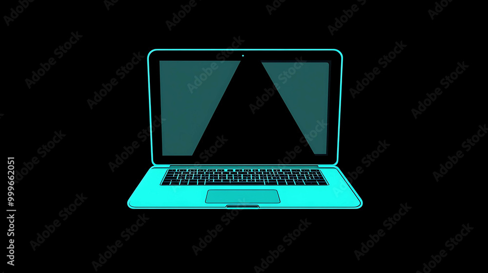 A neon blue glowing laptop computer isolated on a black background. A neon blue glowing laptop computer isolated on a black background.