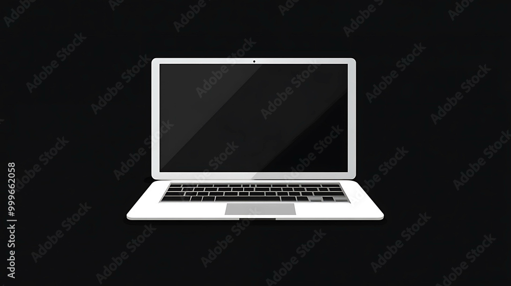 Fototapeta premium A white laptop computer sits open with a blank screen on a black background.
