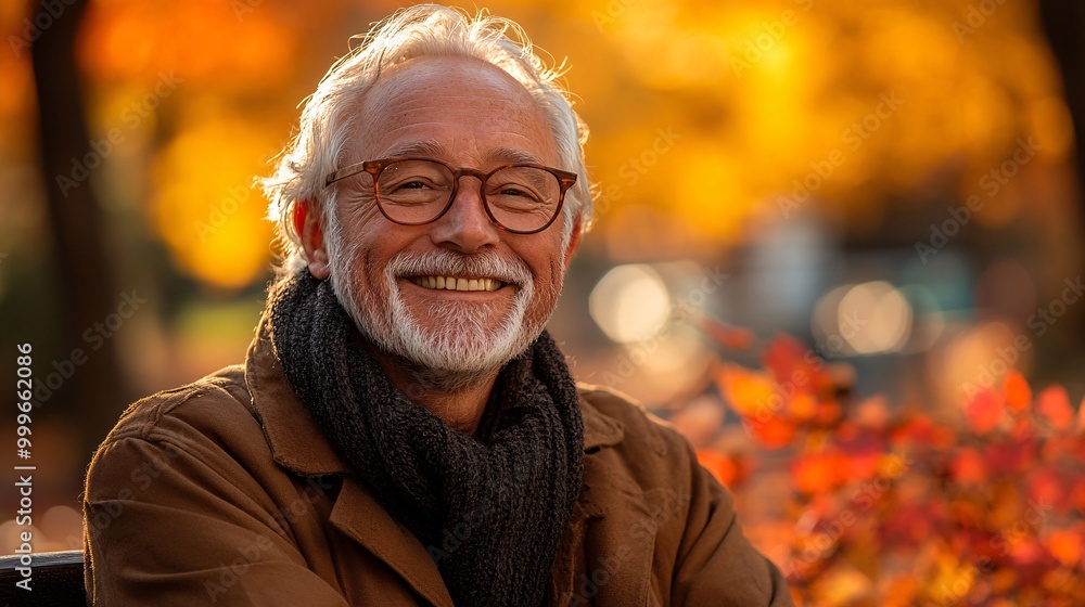 Joyful Senior Man Enjoying Autumn Serenity on Park Bench with Colorful Leaves, Close-up Portrait in Soft Natural Light Joyful Senior Man Enjoying Autumn Serenity on Park Bench with Colorful Leaves, Close-up Portrait in Soft Natural Light