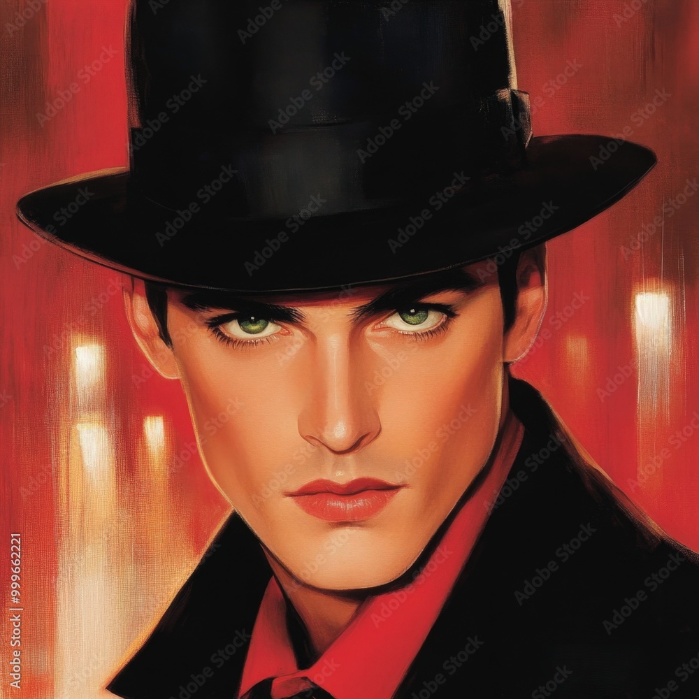 Mysterious man in a hat with striking green eyes against a vibrant red backdrop at night Mysterious man in a hat with striking green eyes against a vibrant red backdrop at night