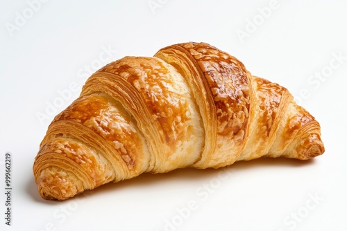 Single plain croissant on white background. Fresh baked pastry, closeup - generative ai