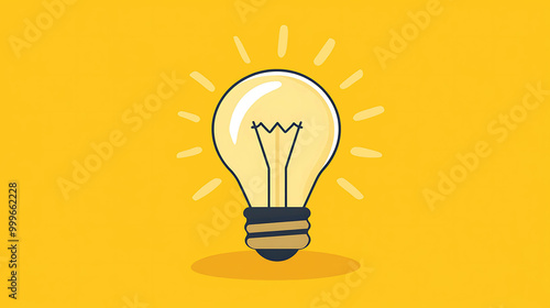 A light bulb is lit and glowing on a yellow background.