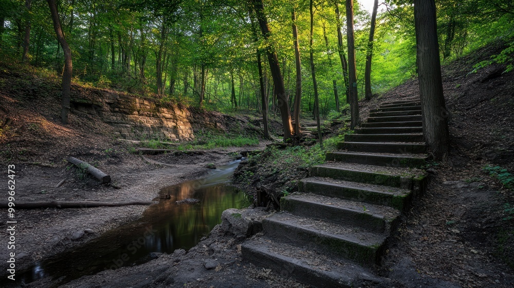 A serene forest scene featuring stone steps leading to a tranquil stream surrounded by greenery. A serene forest scene featuring stone steps leading to a tranquil stream surrounded by greenery.