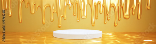 White empty low circular podium with smooth surface surrounded by flowing metallic gold drips on glossy golden background. Luxurious product display background with copy space
