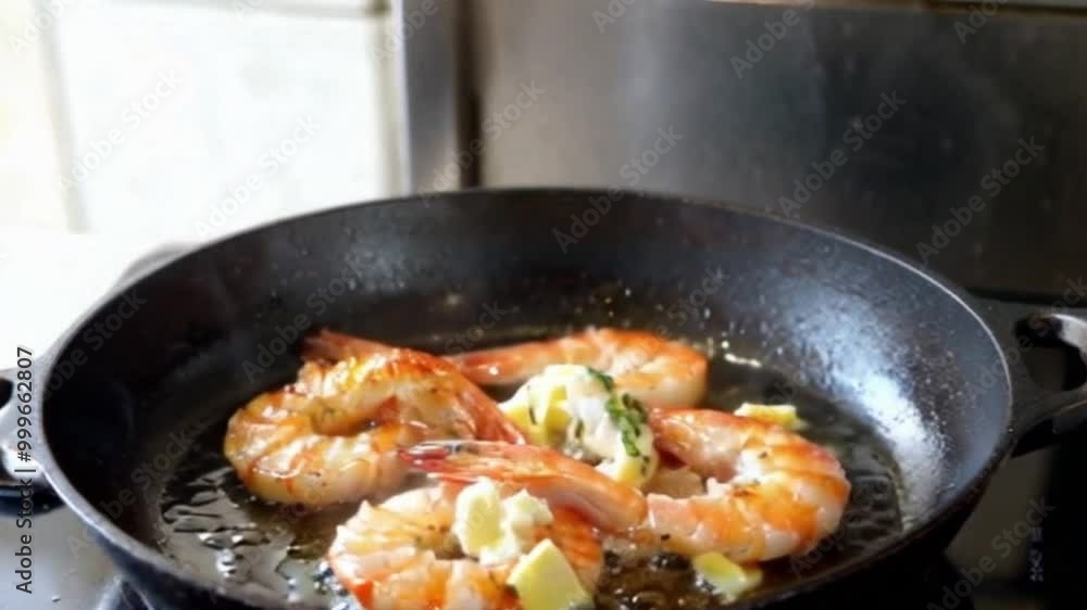  Looped Animation: Sizzling Shrimp, Scallops & Salmon Fillets in Butter & Lemon - Steam & Caramelization Close-Up Ultra HD 4K. pan fried shrimp