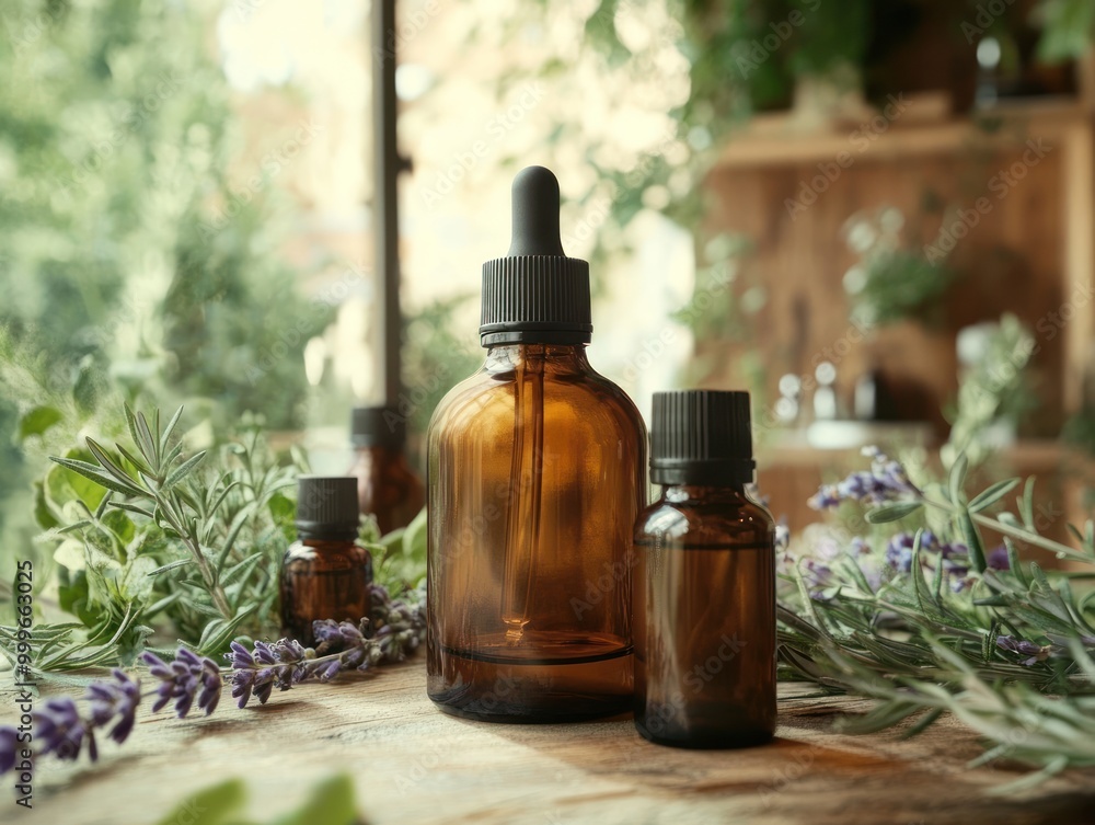 A group of glass bottles filled with herbal oil, each containing sprigs of fresh herbs. Aromatherapy. AI generated A group of glass bottles filled with herbal oil, each containing sprigs of fresh herbs. Aromatherapy. AI generated