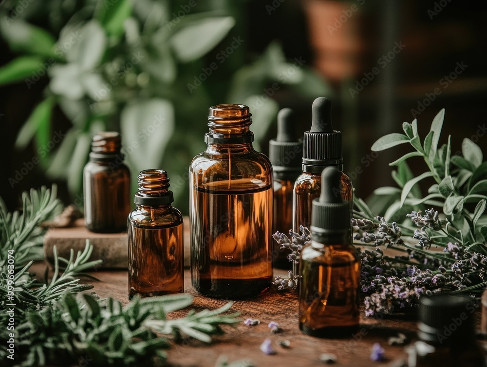 A group of glass bottles filled with herbal oil, each containing sprigs of fresh herbs. Aromatherapy. AI generated A group of glass bottles filled with herbal oil, each containing sprigs of fresh herbs. Aromatherapy. AI generated