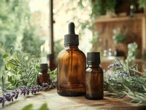 A group of glass bottles filled with herbal oil, each containing sprigs of fresh herbs. Aromatherapy. AI generated