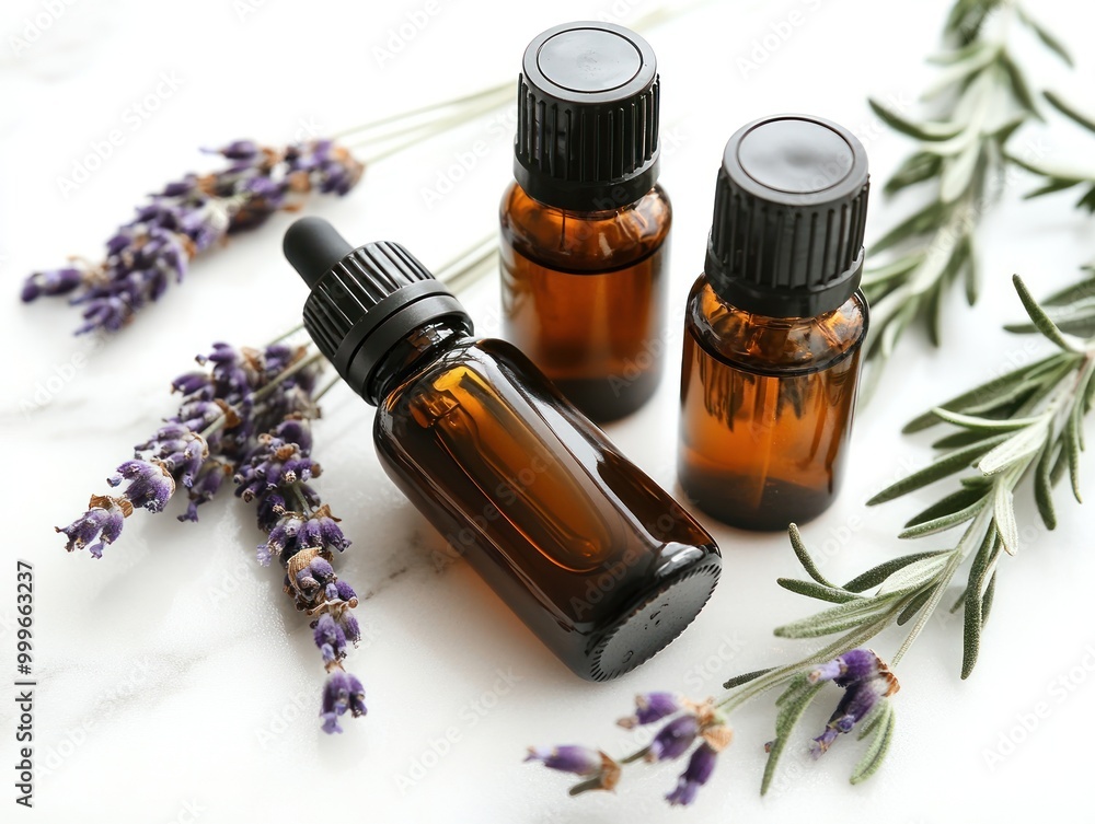 A group of glass bottles filled with herbal oil, each containing sprigs of fresh herbs. Aromatherapy. AI generated A group of glass bottles filled with herbal oil, each containing sprigs of fresh herbs. Aromatherapy. AI generated