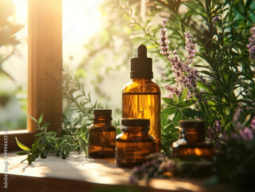 A group of glass bottles filled with herbal oil, each containing sprigs of fresh herbs. Aromatherapy. AI generated A group of glass bottles filled with herbal oil, each containing sprigs of fresh herbs. Aromatherapy. AI generated