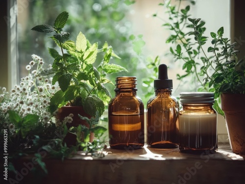 A group of glass bottles filled with herbal oil, each containing sprigs of fresh herbs. Aromatherapy. AI generated