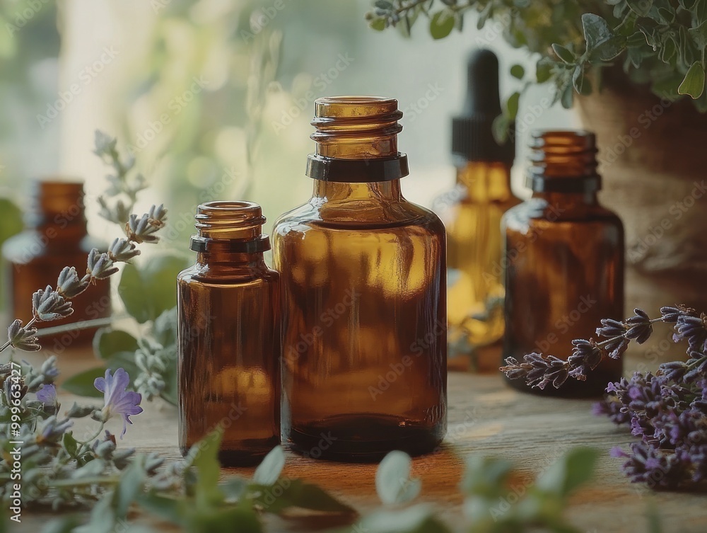 A group of glass bottles filled with herbal oil, each containing sprigs of fresh herbs. Aromatherapy. AI generated A group of glass bottles filled with herbal oil, each containing sprigs of fresh herbs. Aromatherapy. AI generated