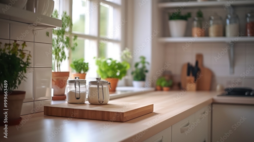 Kitchen Counter with Jars and Cutting Board Kitchen Counter with Jars and Cutting Board