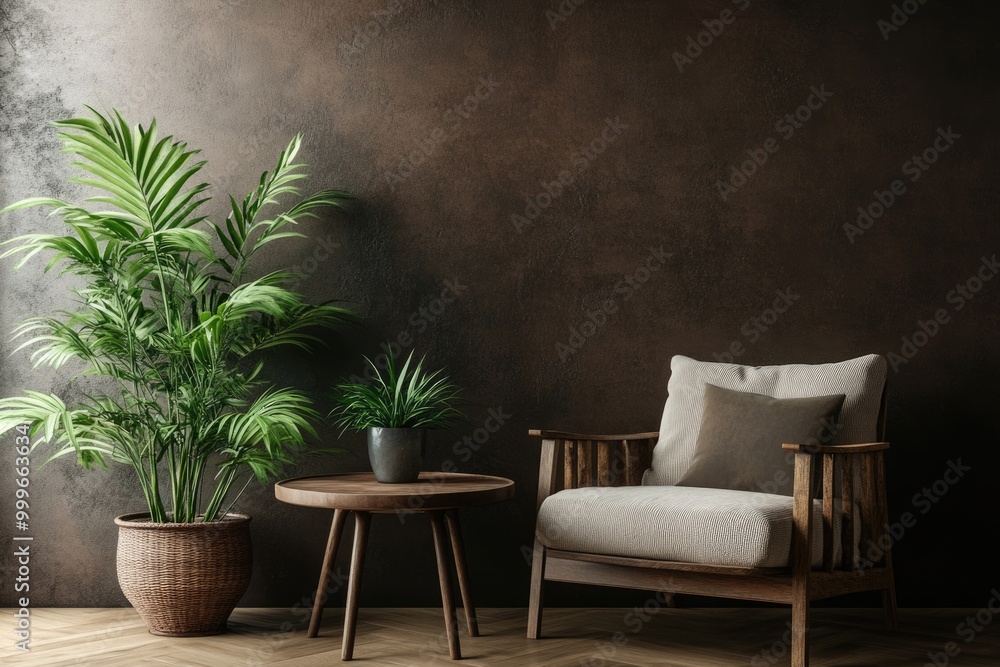 Modern Scandinavian Living Room Interior with Brown Armchair, Wooden Table, and Green Plant Modern Scandinavian Living Room Interior with Brown Armchair, Wooden Table, and Green Plant