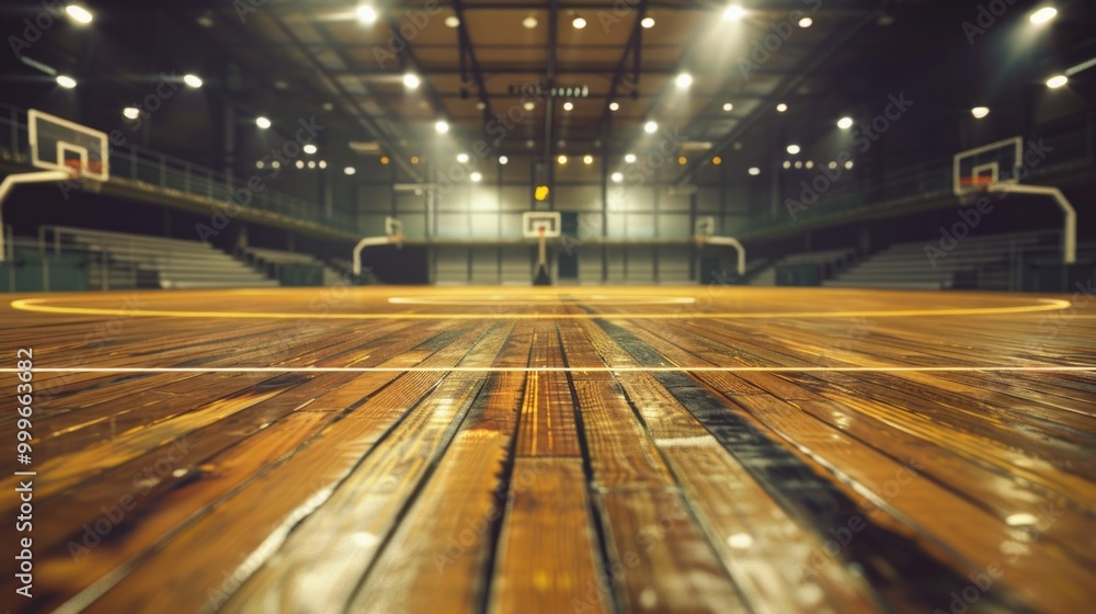A basketball court with a wooden floor and lit by night A basketball court with a wooden floor and lit by night