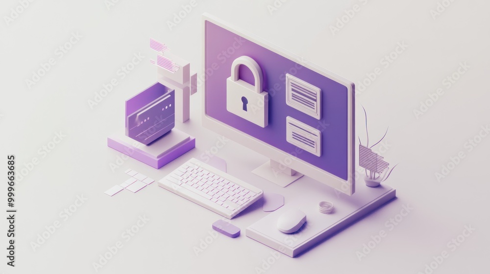 A digital workspace illustrating cybersecurity with a lock symbol and computer setup. A digital workspace illustrating cybersecurity with a lock symbol and computer setup.