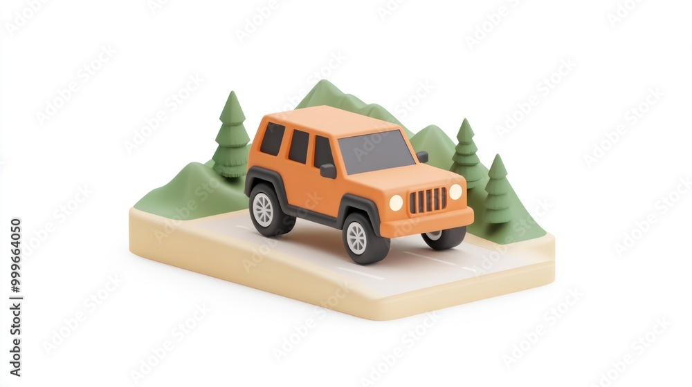 A stylized orange vehicle on a miniature landscape with trees and mountains. A stylized orange vehicle on a miniature landscape with trees and mountains.