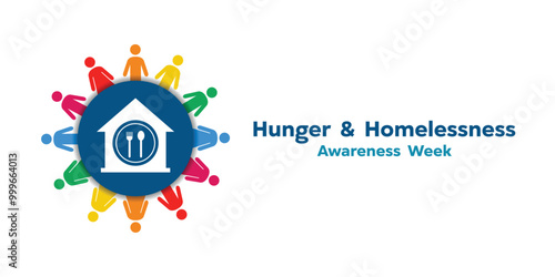 Hunger and Homelessness Awareness Week. House, plate, fork, spoon and people. Great for cards, banners, posters, social media and more. White background.