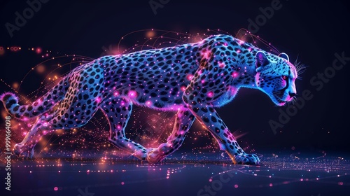 High speed concept. Cheetah in motion in the form of a starry sky or space, consisting of point, line, and shape in the form of planets, stars and the universe. Vector wireframe concept. photo