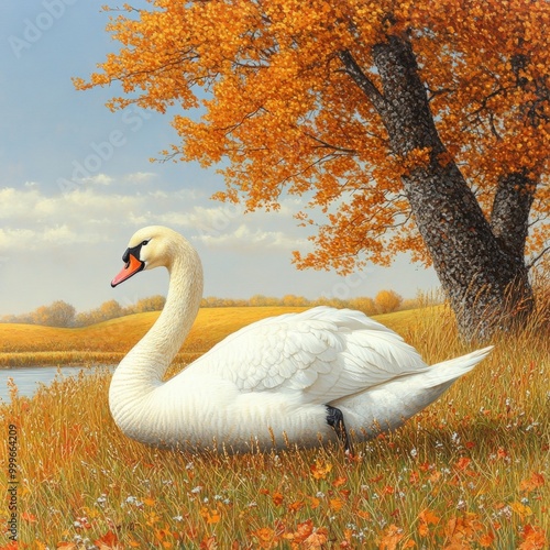 A graceful swan resting by a serene lake surrounded by autumn foliage in golden hues photo