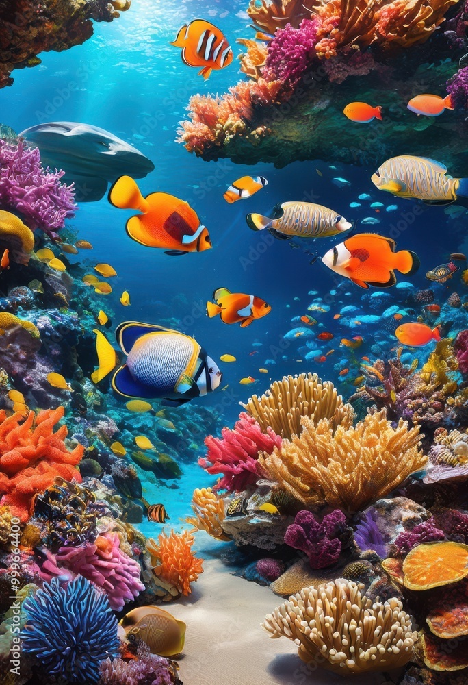 Fototapeta premium vibrant underwater seafood display showcasing fresh catches lively colors diverse marine life, fish, shrimp, crab, lobster, squid, scallop, shellfish, coral