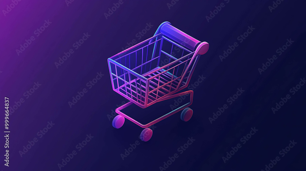 A 3D isometric render of a shopping cart with a pink and blue gradient against a dark blue background. A 3D isometric render of a shopping cart with a pink and blue gradient against a dark blue background.
