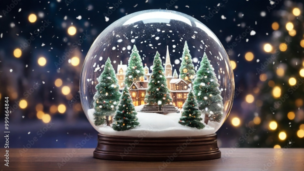 A festive composition with Christmas trees and snow in a glass ball. It is snowing inside the ball and the trees are twinkling with lights. Christmas and New Year concept. A festive composition with Christmas trees and snow in a glass ball. It is snowing inside the ball and the trees are twinkling with lights. Christmas and New Year concept.