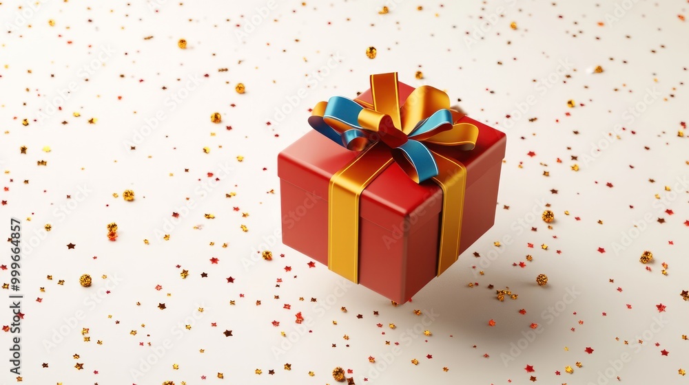 A festive red gift box with a colorful ribbon, surrounded by confetti. A festive red gift box with a colorful ribbon, surrounded by confetti.