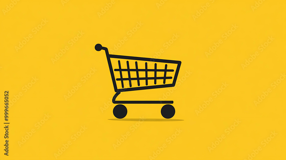 Black and white shopping cart icon on a yellow background. Black and white shopping cart icon on a yellow background.