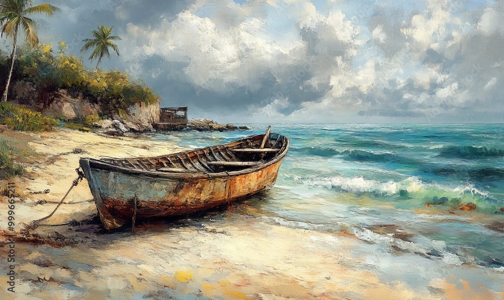 A weathered boat sits on a sandy beach. A weathered boat sits on a sandy beach.