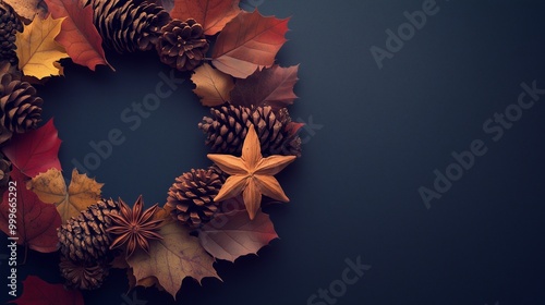 Rounded yellow brown autumn leaves and pine arranged copy space backgronund photo