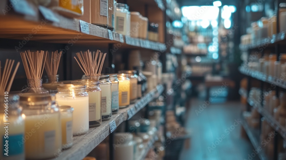 A cozy store aisle filled with various scented candles and home fragrance products. A cozy store aisle filled with various scented candles and home fragrance products.