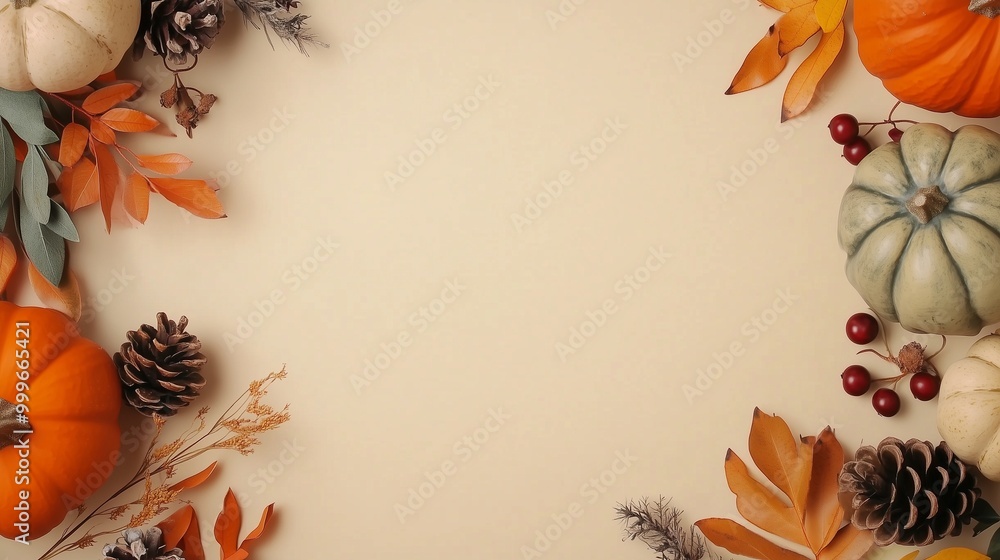 Obraz premium Rounded pumpkin, autumn leaves and pine arranged copy space background