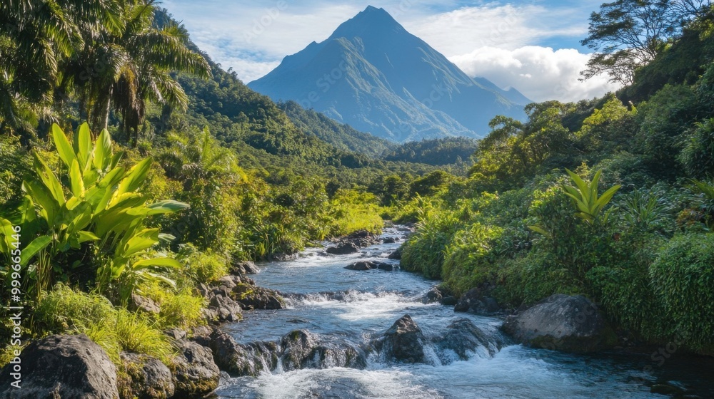 A serene mountain landscape with a river flowing through, surrounded by lush greenery. A serene mountain landscape with a river flowing through, surrounded by lush greenery.