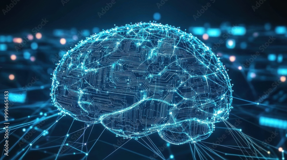 A conceptual image of a brain made of interconnected digital circuits and data streams. A conceptual image of a brain made of interconnected digital circuits and data streams.