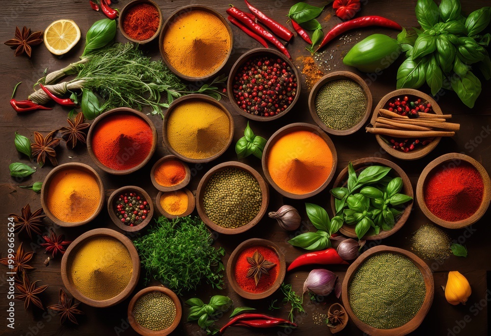 colorful flat lay display vibrant spices fresh ingredients arrayed artfully textured surface, arrangement, culinary, food, seasoning, herb, freshness, table colorful flat lay display vibrant spices fresh ingredients arrayed artfully textured surface, arrangement, culinary, food, seasoning, herb, freshness, table
