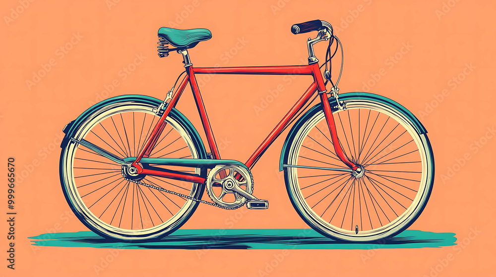 Fototapeta premium Retro-style illustration of a red bicycle with a teal seat on a peach background.