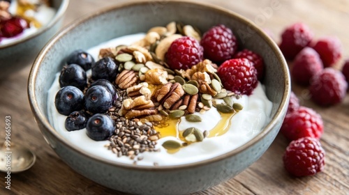 A bowl of Greek yogurt topped with a variety of nuts, seeds, and a drizzle of honey, with fresh berries on the side.