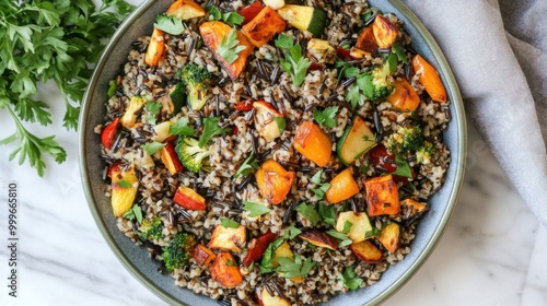 A top-down view of a colorful grain salad with wild rice, roasted veggies, and a light dressing.