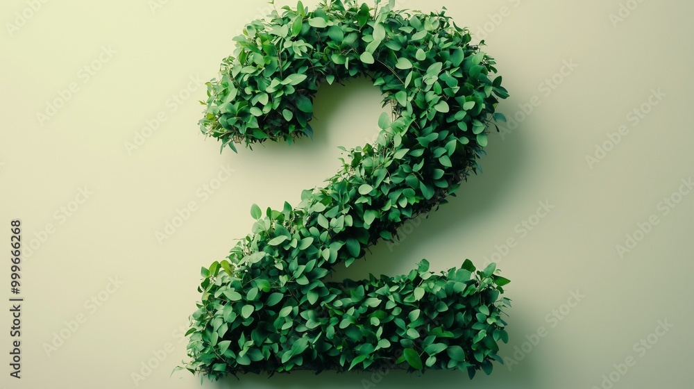 The number 2 is framed by a series of green leaves solid background The number 2 is framed by a series of green leaves solid background