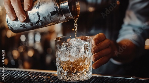 Bartender pouring a drink into a glass with ice. photo