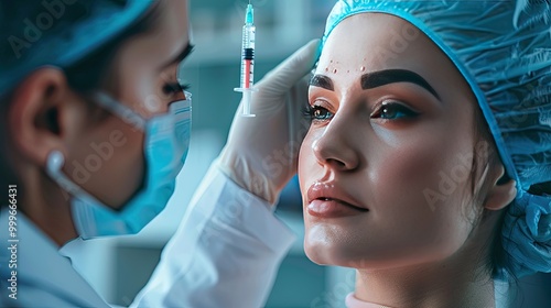 beautiful Asian model getting filler injections by a professional doctor in a modern clinic